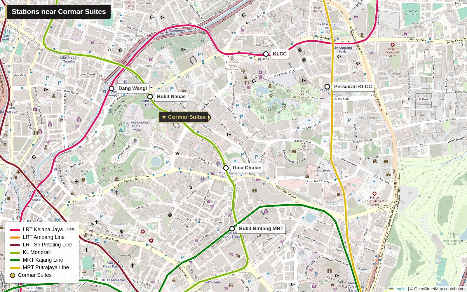 Map of the train stations near Cormar Suites: Raja Chulan, KLCC, Bukit Bintang and Bukit Nanas