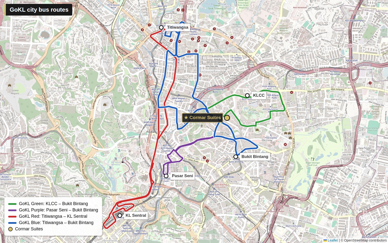 Map of the GoKL city bus routes in central Kuala Lumpur