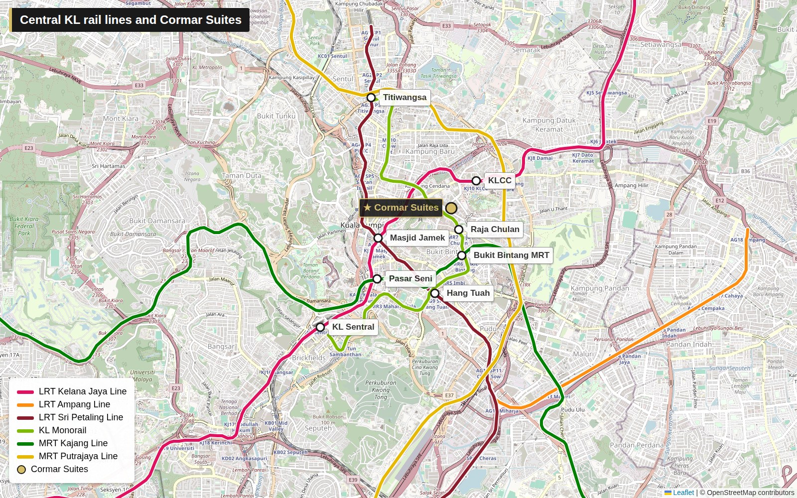 Map of central KL rail lines (LRT, MRT and Monorail) with Cormar Suites marked