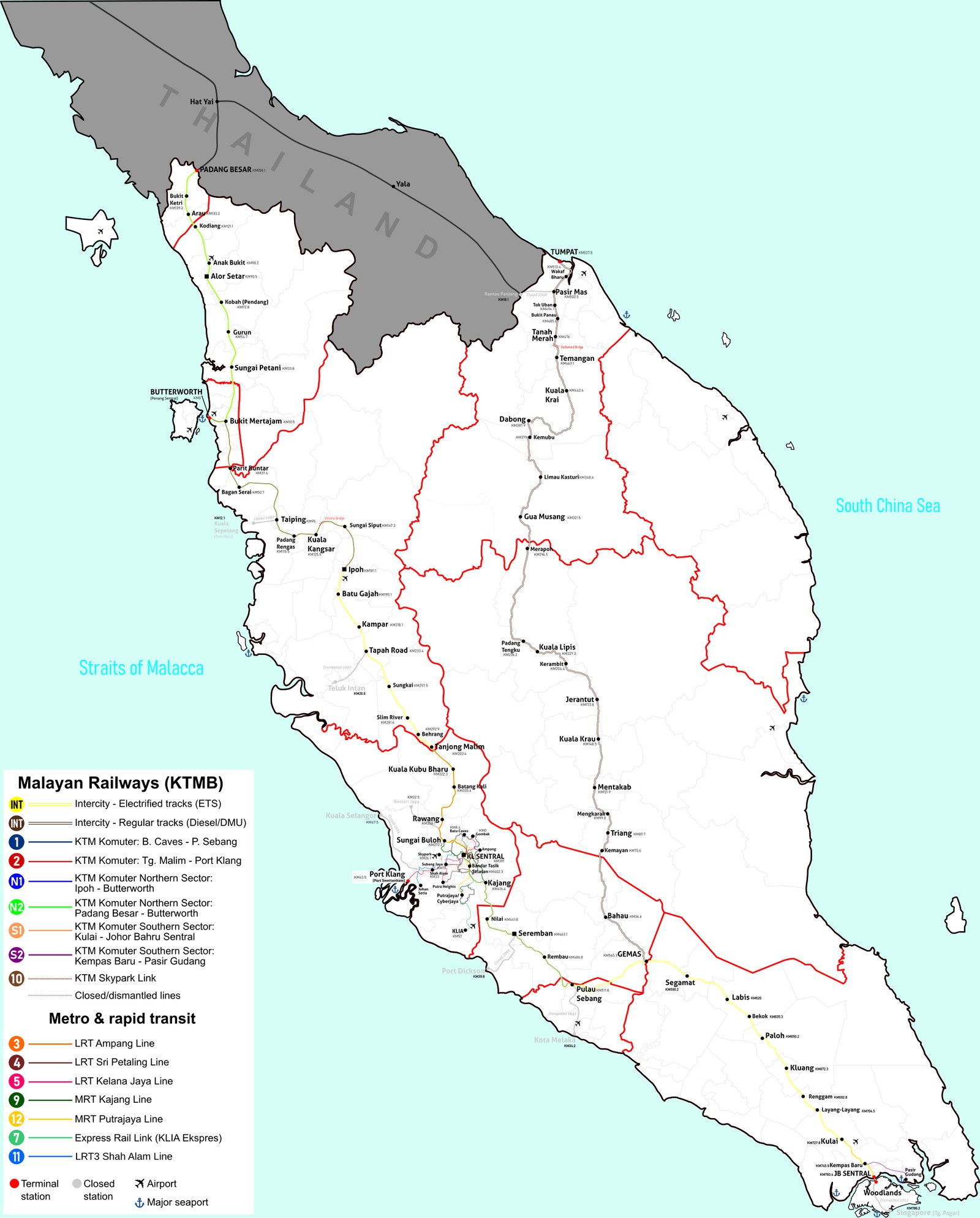 Map of the railway network in Peninsular Malaysia, including ETS, the East Coast Line and links to Thailand and Singapore