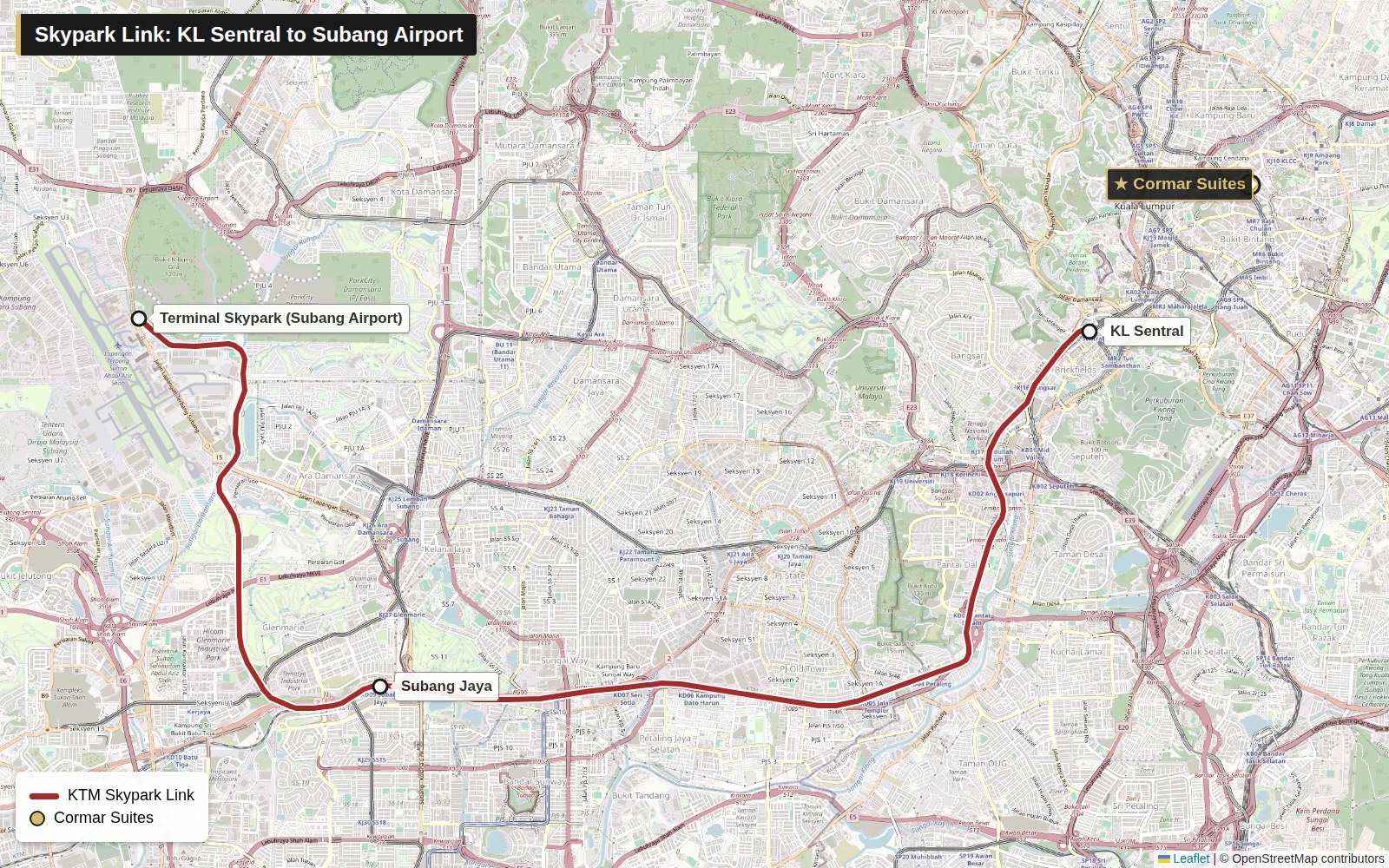 Route map of the KTM Skypark Link from KL Sentral to Subang Airport